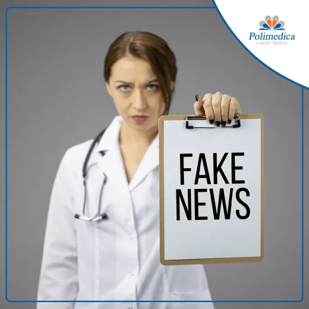 Foto, con logo di Polimedica Melfi, di una dottoressa con una cartella medica in mano su cui scritto "Fake news". Immagine di accompagnamento all'articolo Bufale mediche le cose da sapere.
