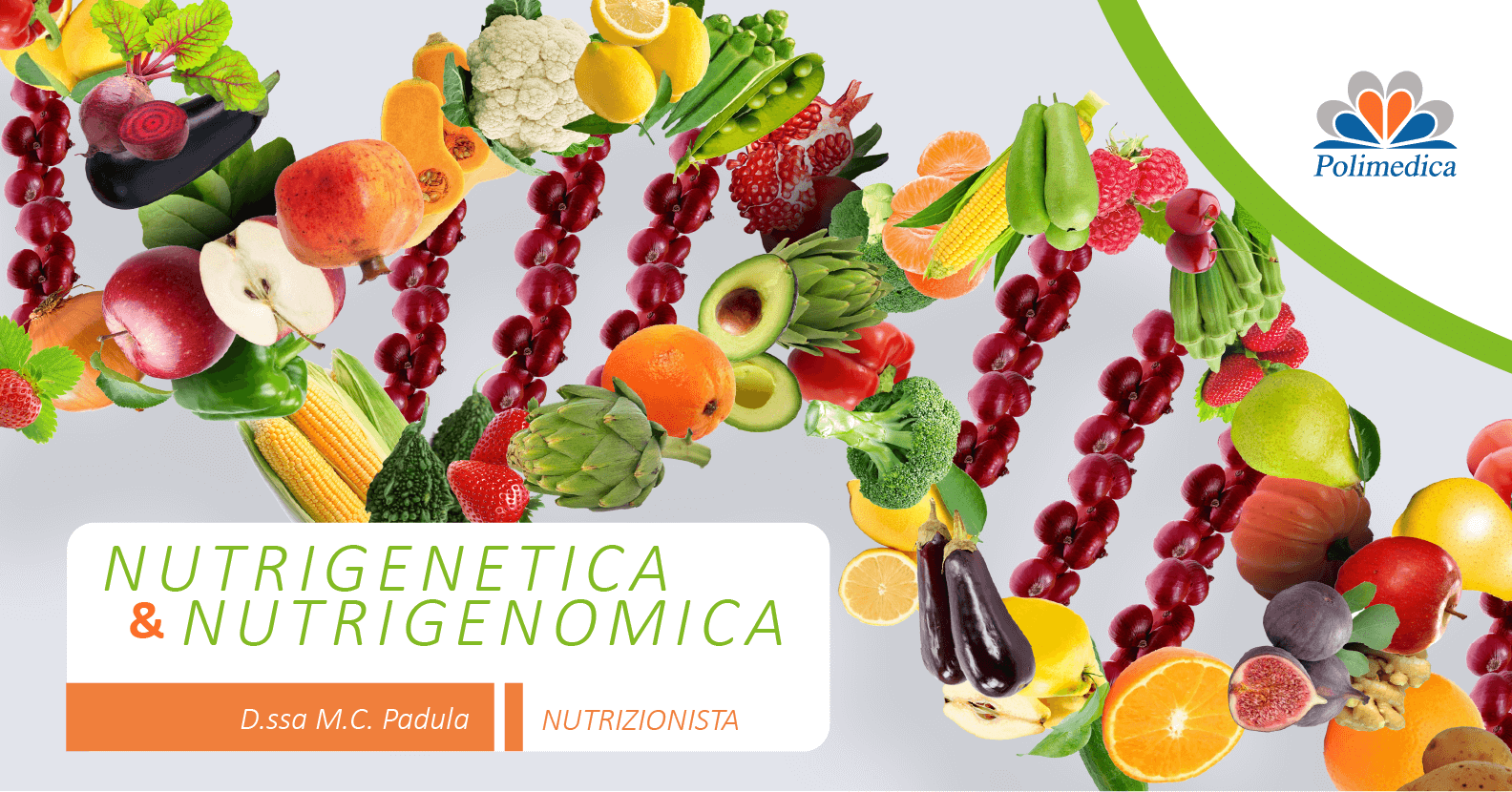Immagine con logo di Polimendica Melfi, di un segmento di DNA realizzato con tanti tipi di frutta e verdura. Immagine di accompagnamento all'articolo dedicato alla dieta basata sul DNA.