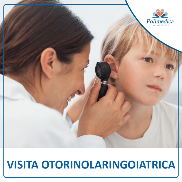 Immagine, con logo di Polimedica Melfi, di un medico che esegue una visita alle orecchie ad un bambino. Foto utilizzata per la pagina Visita otorinolaringoiatrica.