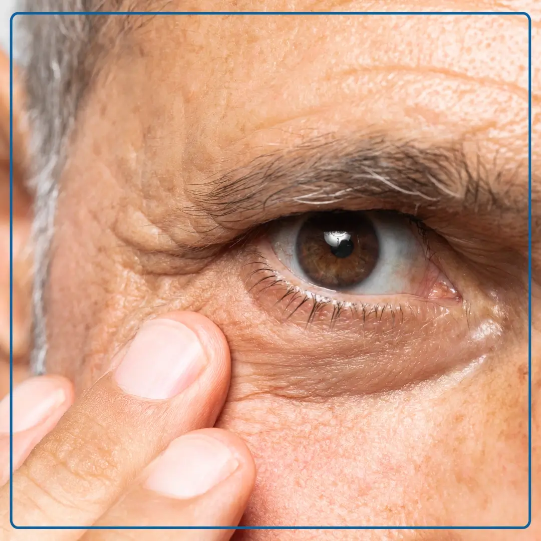 Immagine di un primo piano di un occhio di uomo di mezza età. Foto di accompagnamento all'articolo dedicato a "Glaucoma e nutrizione clinica".
