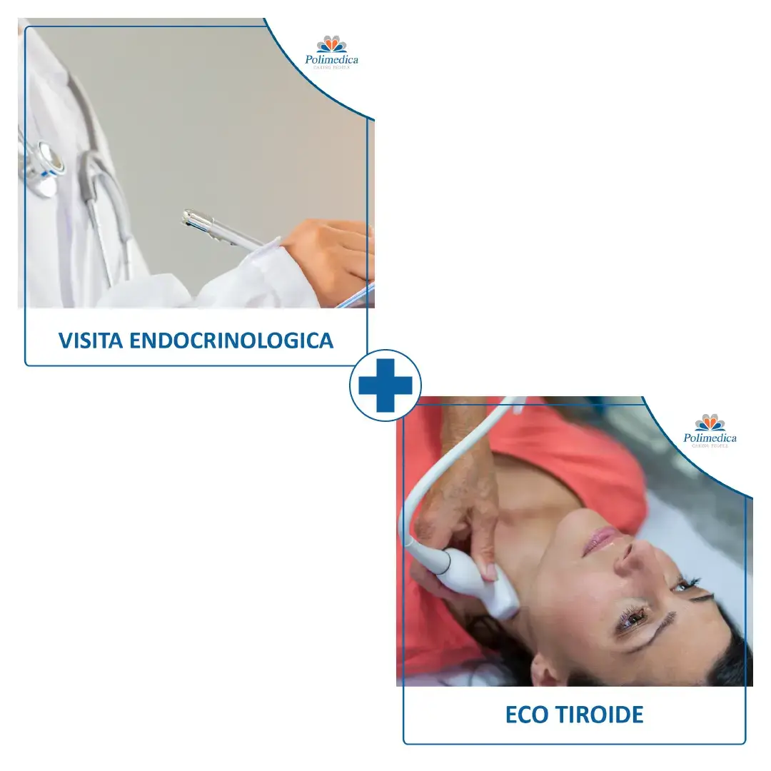 Immagine, con logo di Polimedica Melfi, che mostra un collage di foto identificative di diverse prestazioni. Foto utilizzata per la pagina Check up Endocrinologico.