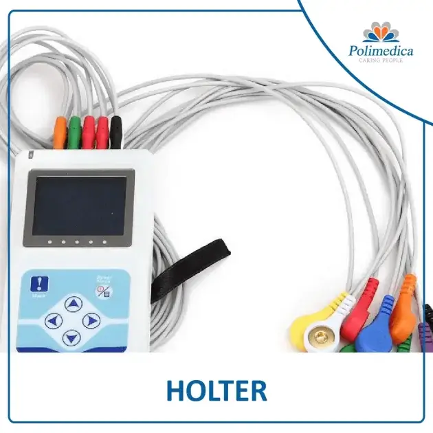 Immagine, con logo di Polimedica Melfi, di un dispositivo Holter (Elettrocardiogramma dinamico). Foto utilizzata per la pagina Holter (Elettrocardiogramma dinamico) 24h.