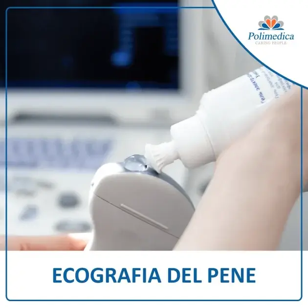 Foto, con logo di Polimedica Melfi, di un medico che impugna una sonda di un ecografo sulla quale applica del gel per esami ecografici. Immagine utilizzata per la pagina ecografia del pene.