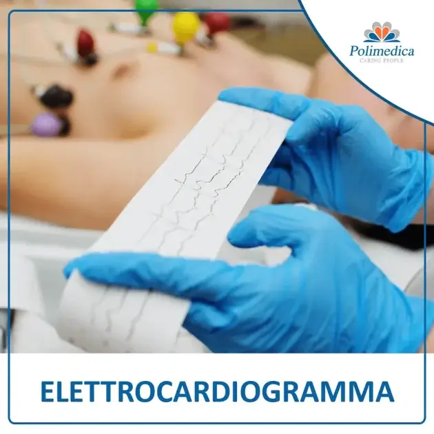 Foto, con logo di Polimedica Melfi, delle mani con guanti di un operatore sanitario che mostrano i tracciati di un elettrocardiogramma. Immagine utilizzata per la pagina Elettrocardiogramma.