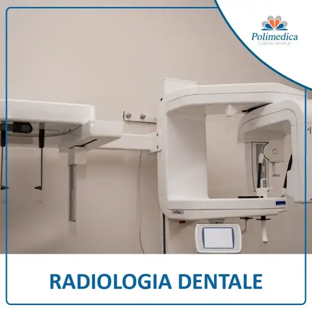Immagine, con logo di Polimedica Melfi, di una apparecchio ortopantomografo. Foto utilizzata per la pagina Radiologia dentale.