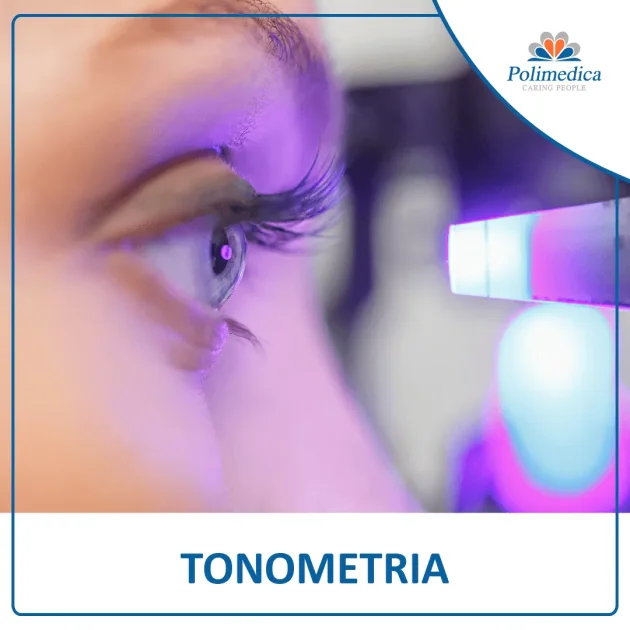 Immagine, con logo di Polimedica Melfi, dell'occhio di una donna durante un esame tonometrico. Foto utilizzata per la pagina Tonometria.