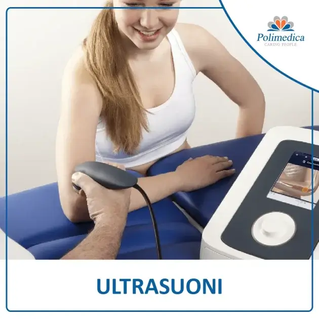 Foto, con logo di Polimedica Melfi, di una paziente durante una seduta fisioterapica con ultrasuoni. Immagine utilizzata per la pagina Ultrasuoni.