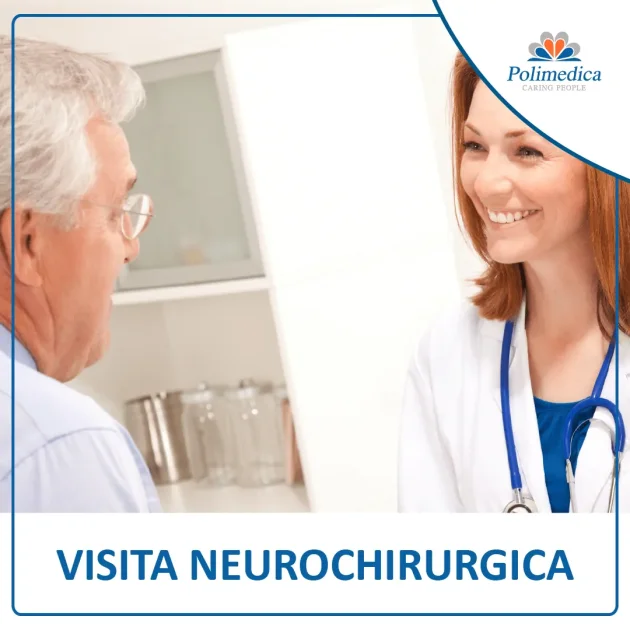 Foto, con logo di Polimedica Melfi, di un medico donna che parla ad un paziente anziano. Immagine utilizzata per la pagina Visita neurochirurgica.