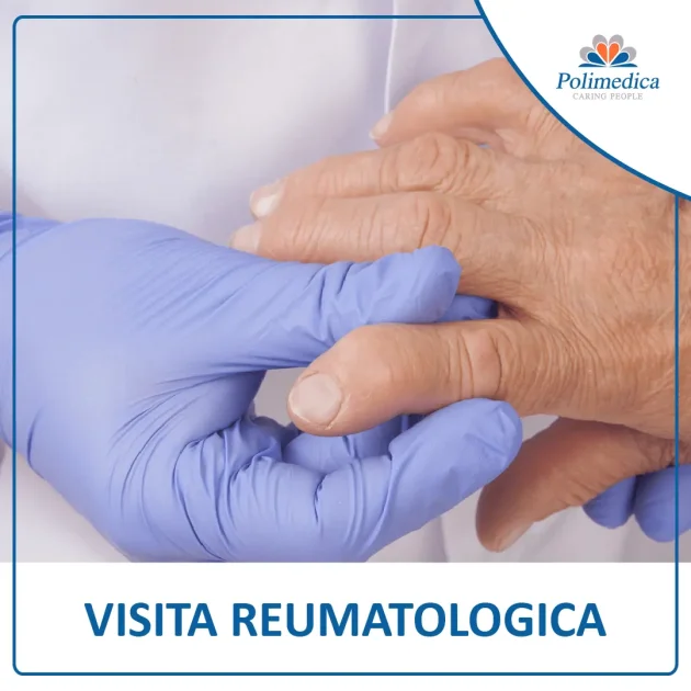Immagine, con logo di Polimedica Melfi, del primo piano delle mani con guanti di un dottore che toccano la mano di un paziente. Foto utilizzata per la pagina Visita reumatologica.